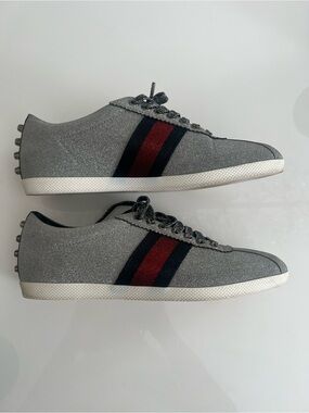 Gucci Silver Glitter Sneakers with Red & Navy Web